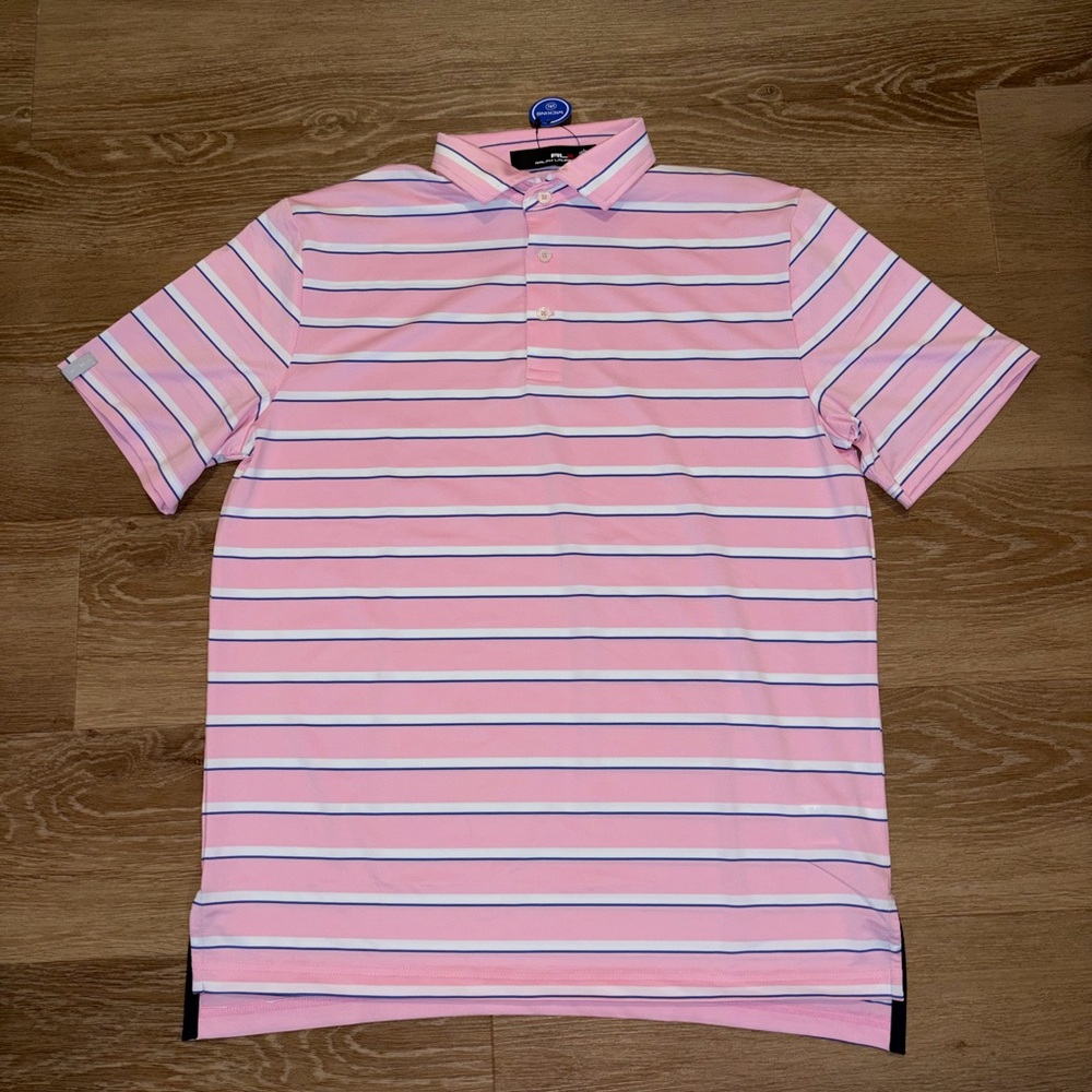 RLX Ralph Lauren Golf Polo Shirt Pink White Blue Stripe Wicking Mens Medium New